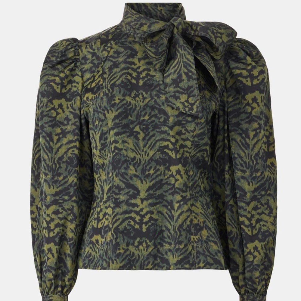 Ulla Johnson Green and Black Patterned Blouse Giorgia Silk Neck Tie Blouse